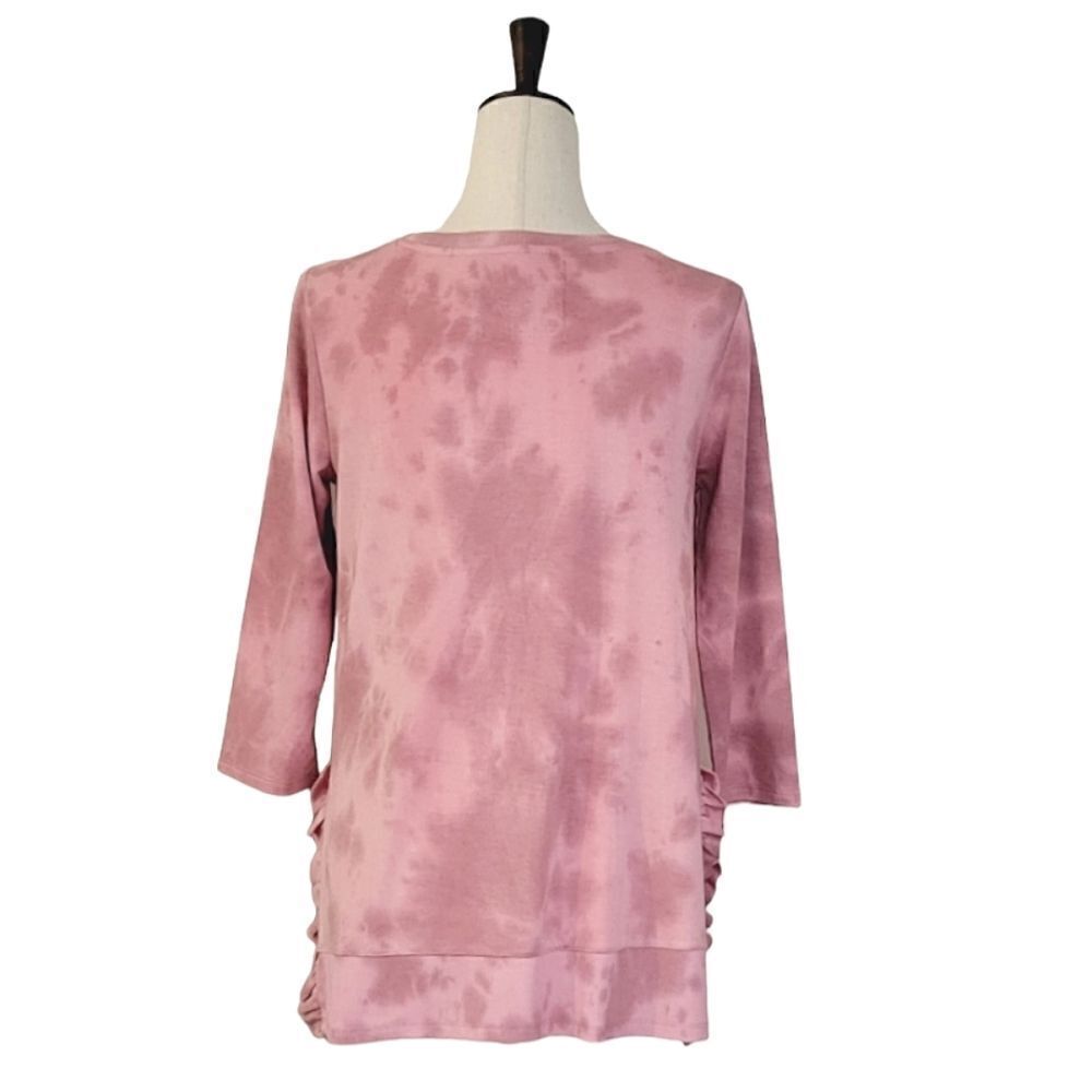 Cupio Pink Tie-Dye Crewneck Side Ruffle Detail 3/4 Sleeve Top Size S - Picture 6 of 9